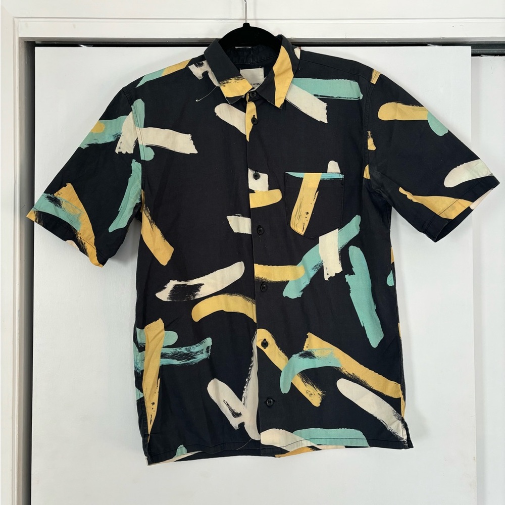 Men’s restortwear navy blue yellow short sleeve button up Wood Wood shirt size S
